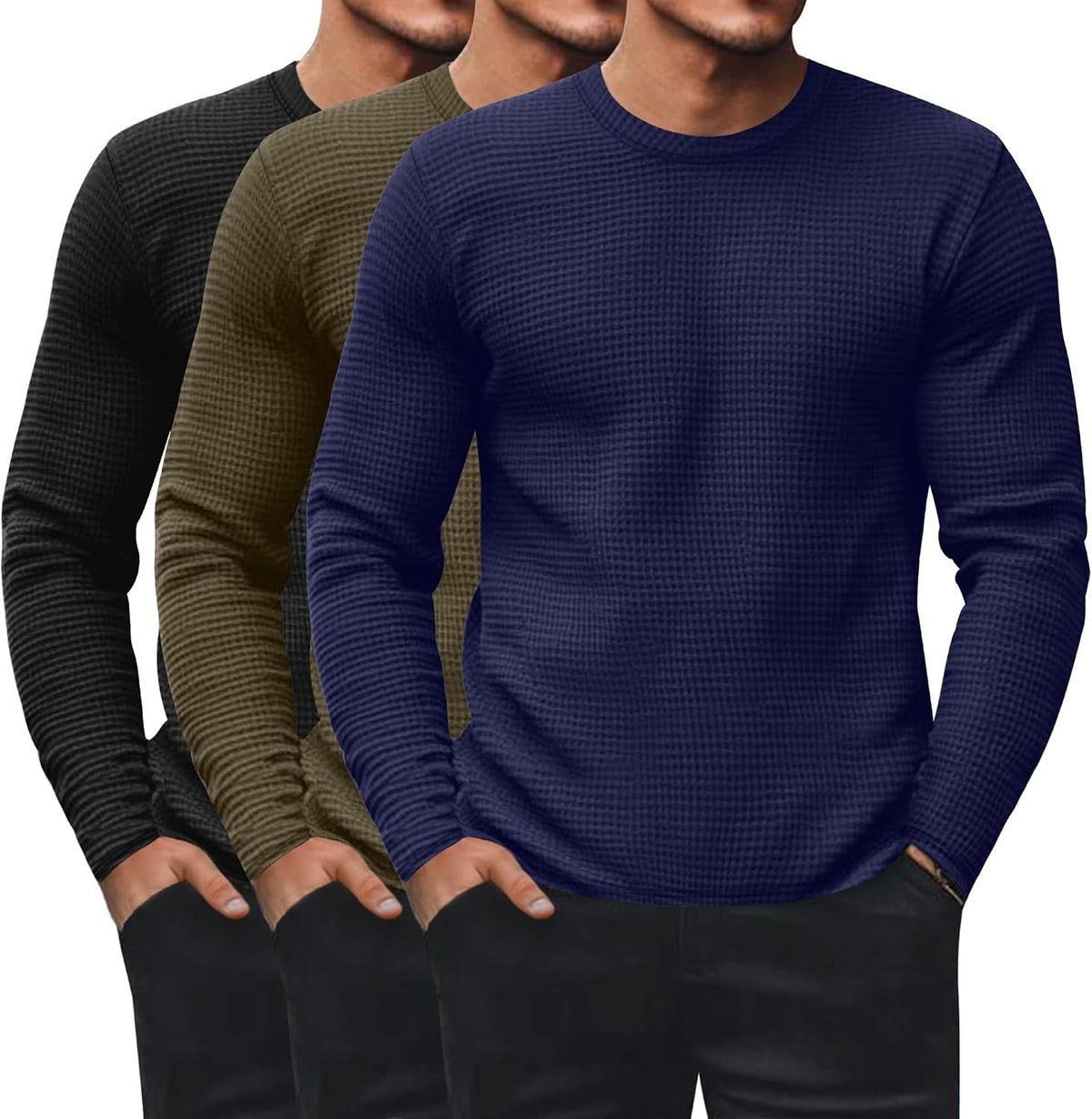 Ficerd 3 Pack Men's Waffle Thermal Long Sleeve Crew Neck Shirts