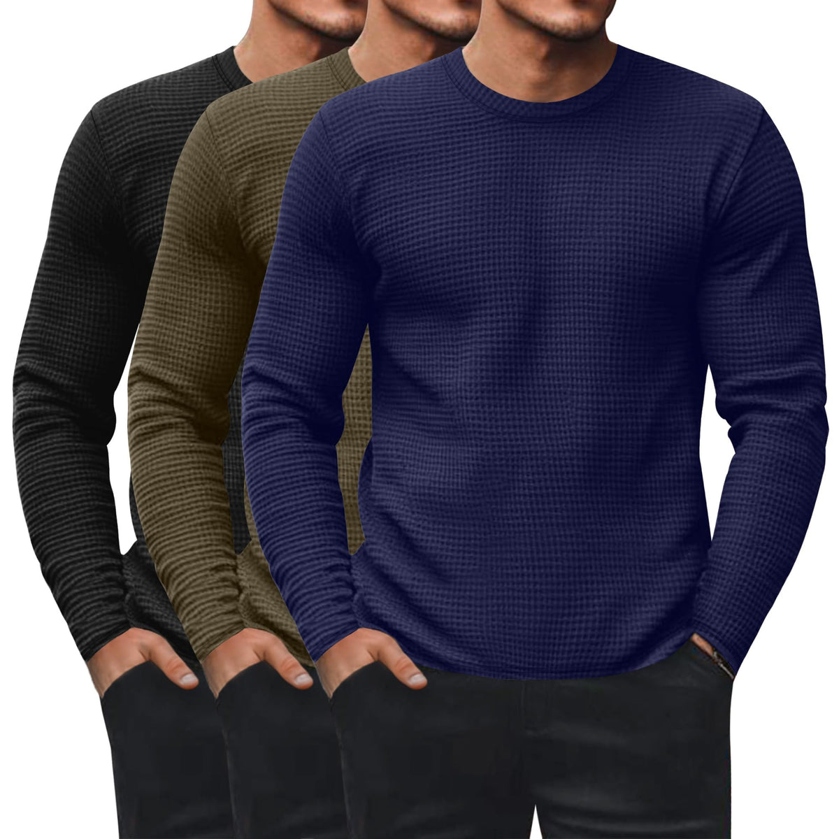 Ficerd 3 Pack Men's Waffle Thermal Long Sleeve Crew Neck Shirts