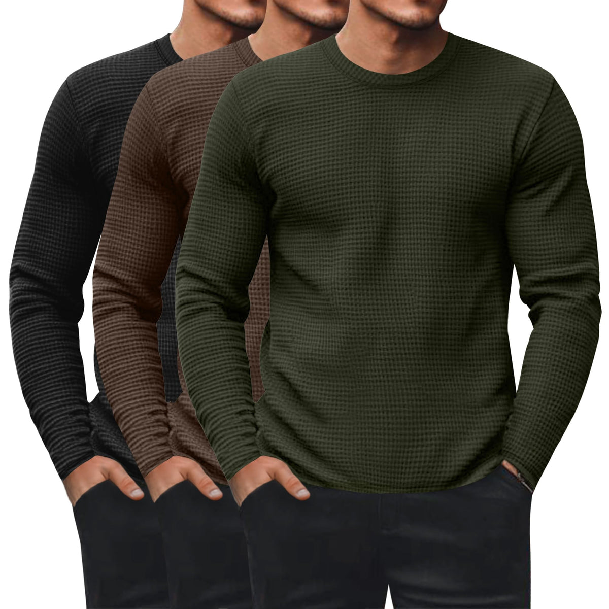 Ficerd 3 Pack Men's Waffle Thermal Long Sleeve Crew Neck Shirts