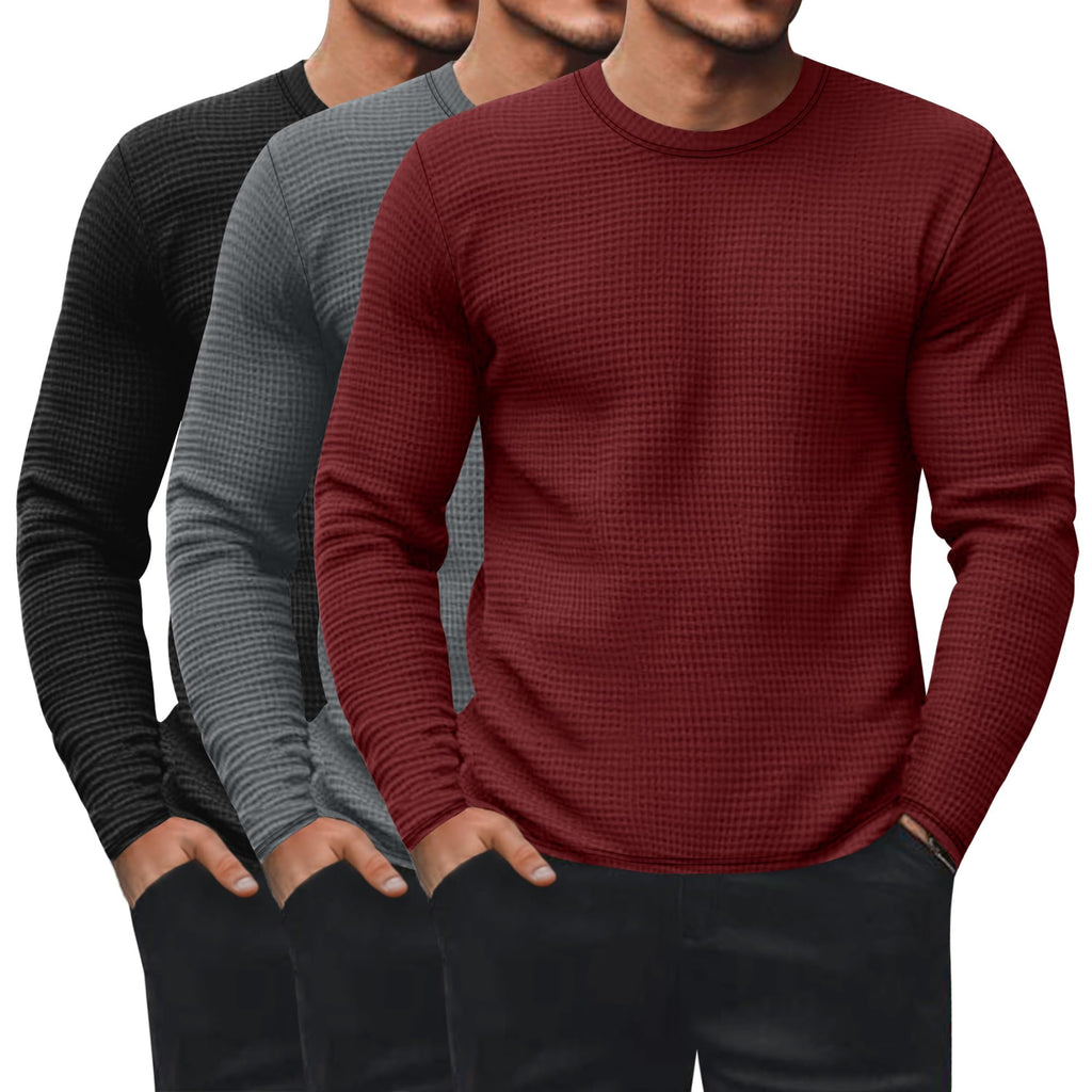 Ficerd 3 Pack Men's Waffle Thermal Long Sleeve Crew Neck Shirts
