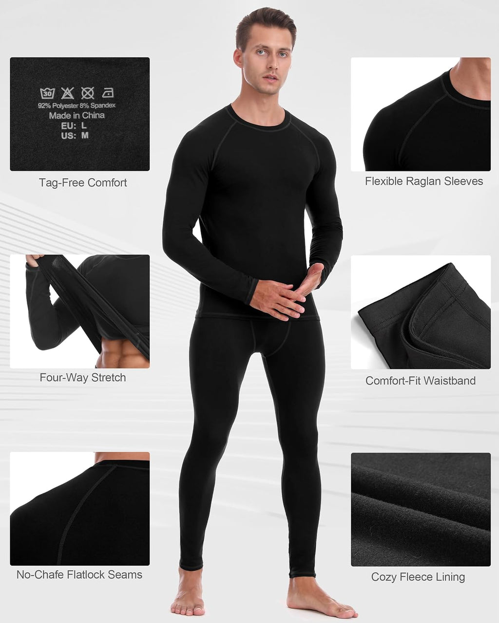 Thermal Underwear for Men, Fleece Lined Long Johns Base Layer Set