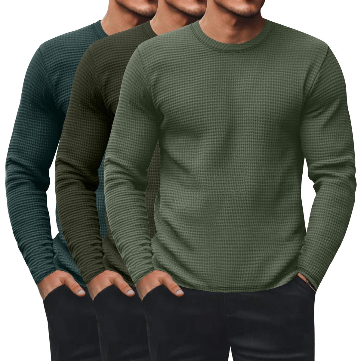 Ficerd 3 Pack Men's Waffle Thermal Long Sleeve Crew Neck Shirts