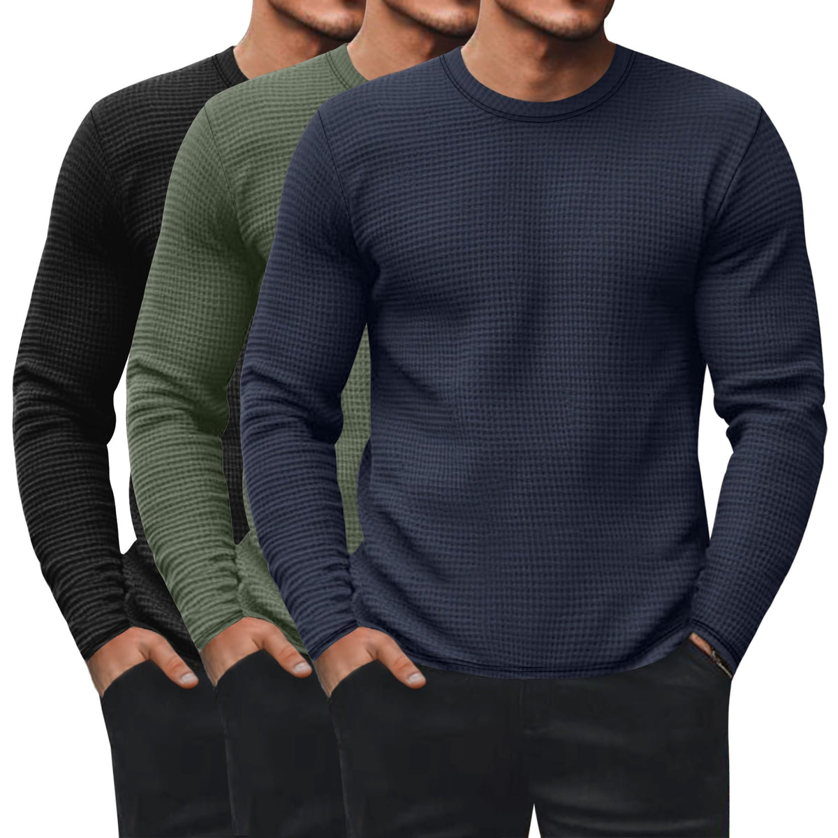Ficerd 3 Pack Men's Waffle Thermal Long Sleeve Crew Neck Shirts