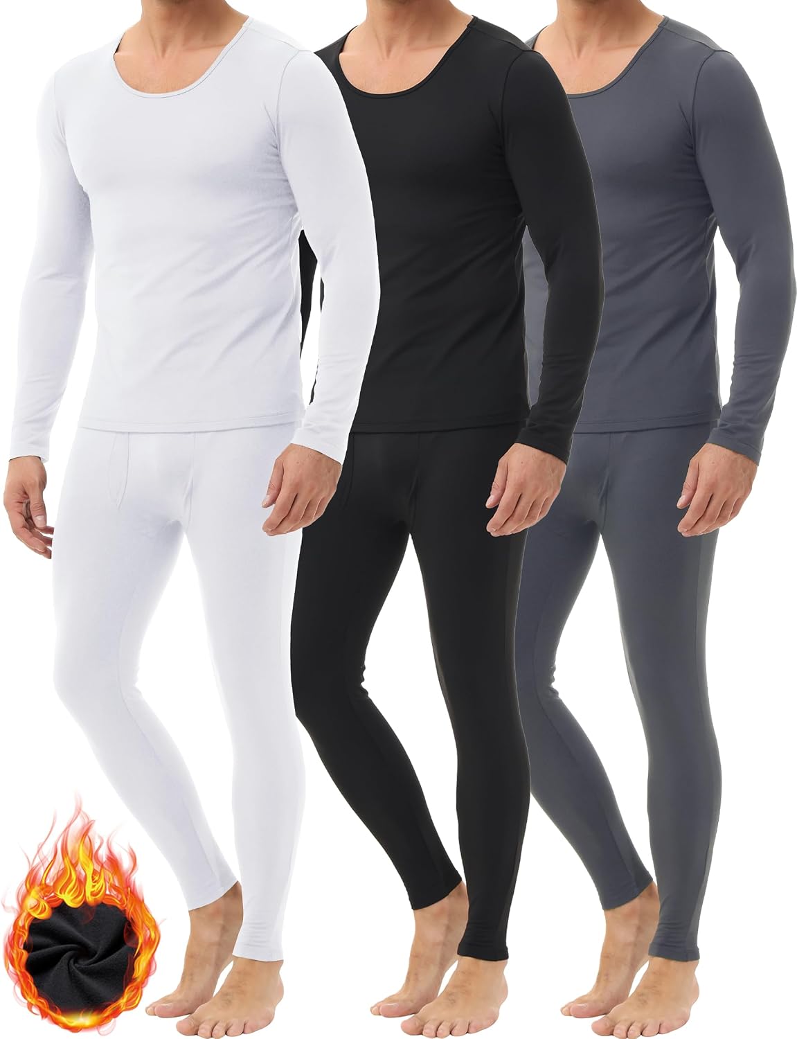 Winvote 3 Pack Thermal Underwear for Men Long Johns Fleece Lined Soft and Warm Set Base Layer for Cold Weather