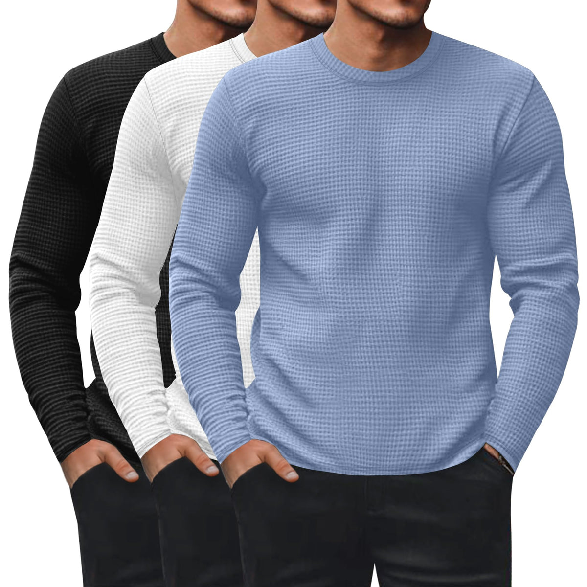 Ficerd 3 Pack Men's Waffle Thermal Long Sleeve Crew Neck Shirts