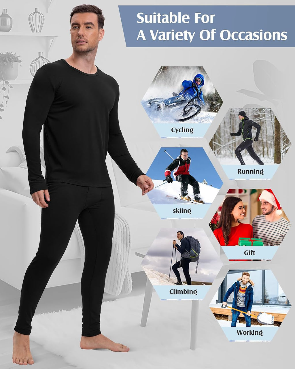 Patelai 5 Sets Men's Fleece Lined Thermal Underwear Set
