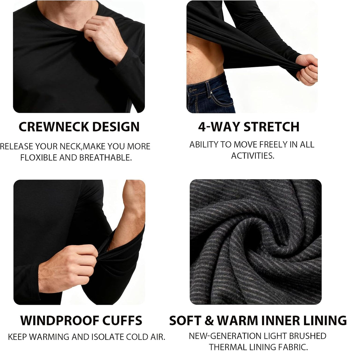 1/2 Pack Men's Thermal Shirts Fleece Lined Wool Long Sleeve Slim Fit T-Shirts Athletic Stretch Sweater Undershirts