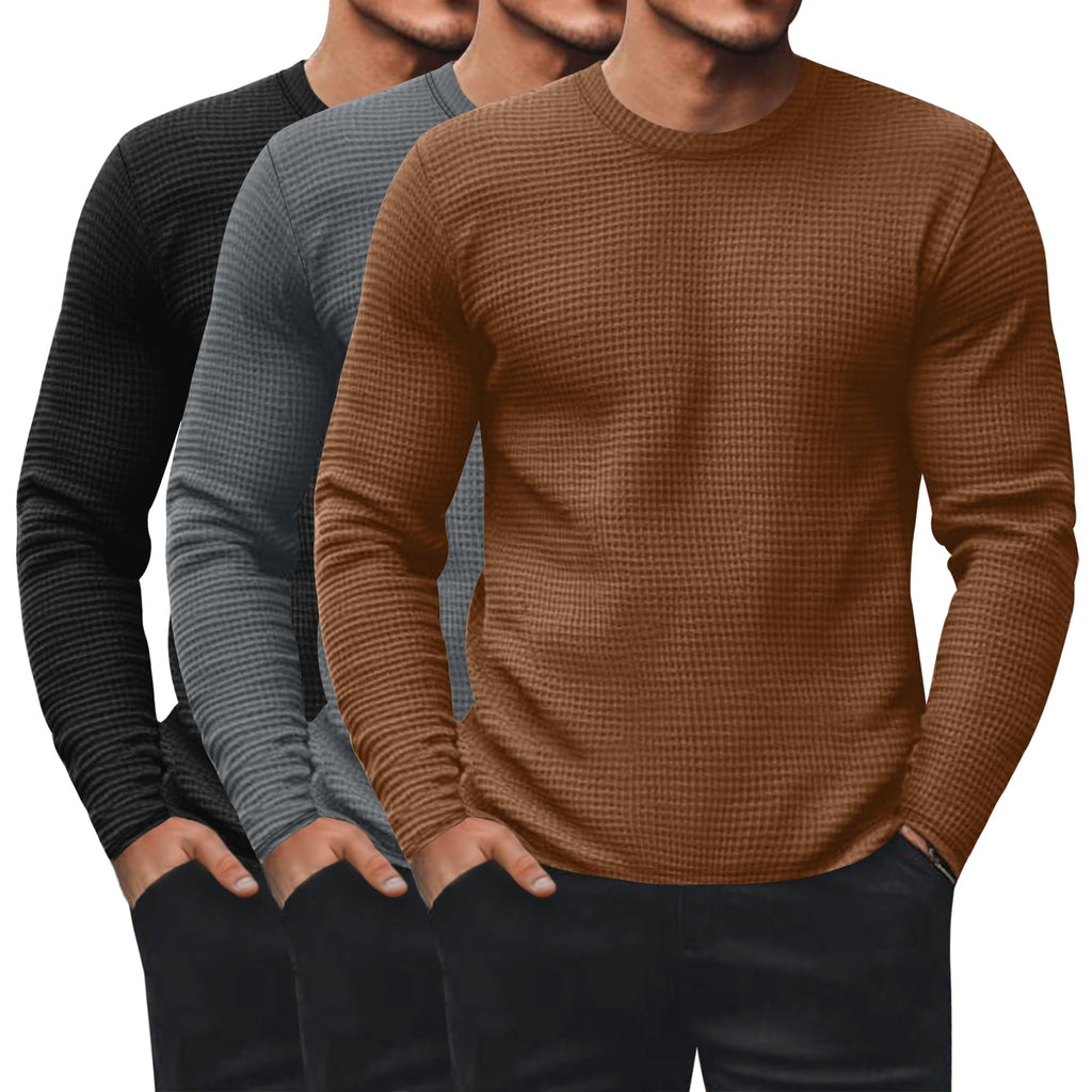 Ficerd 3 Pack Men's Waffle Thermal Long Sleeve Crew Neck Shirts