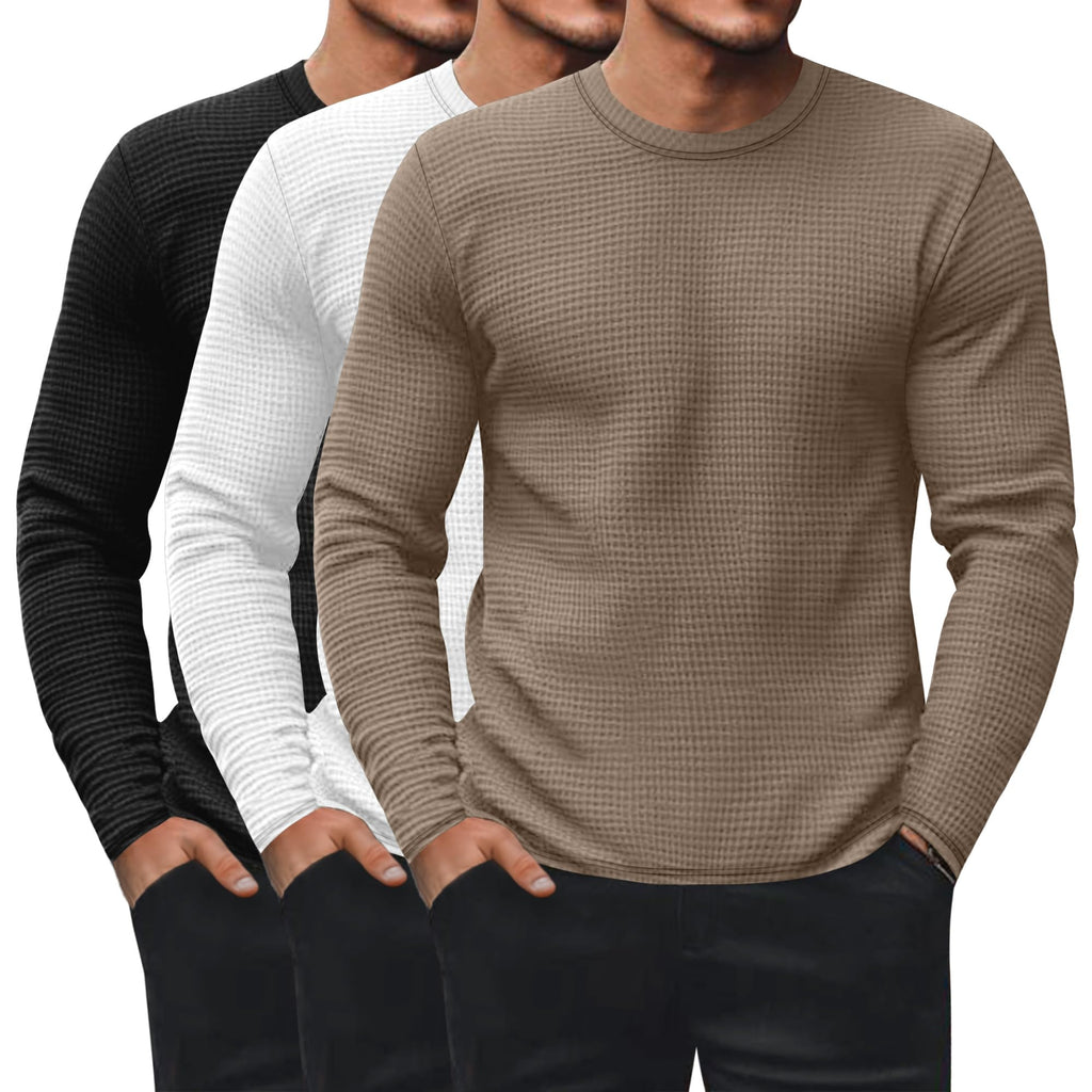Ficerd 3 Pack Men's Waffle Thermal Long Sleeve Crew Neck Shirts