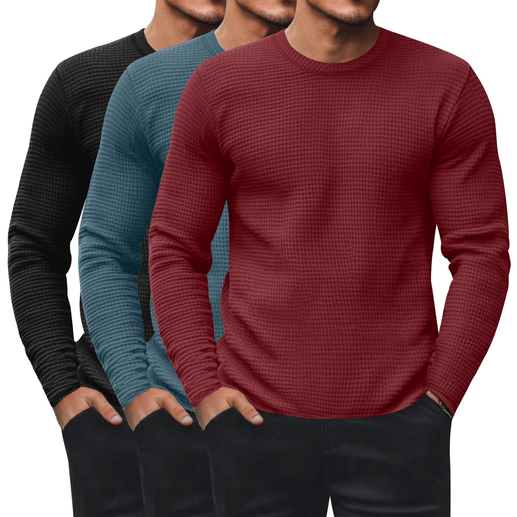 Ficerd 3 Pack Men's Waffle Thermal Long Sleeve Crew Neck Shirts