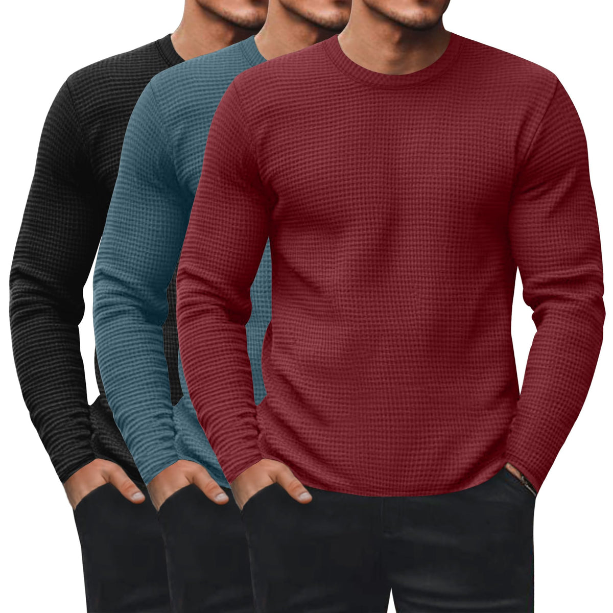 Ficerd 3 Pack Men's Waffle Thermal Long Sleeve Crew Neck Shirts