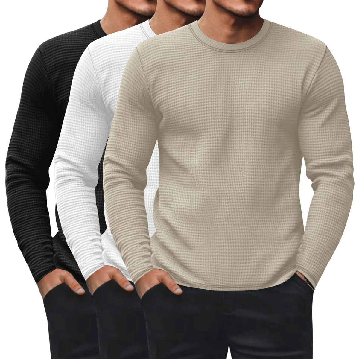 Ficerd 3 Pack Men's Waffle Thermal Long Sleeve Crew Neck Shirts