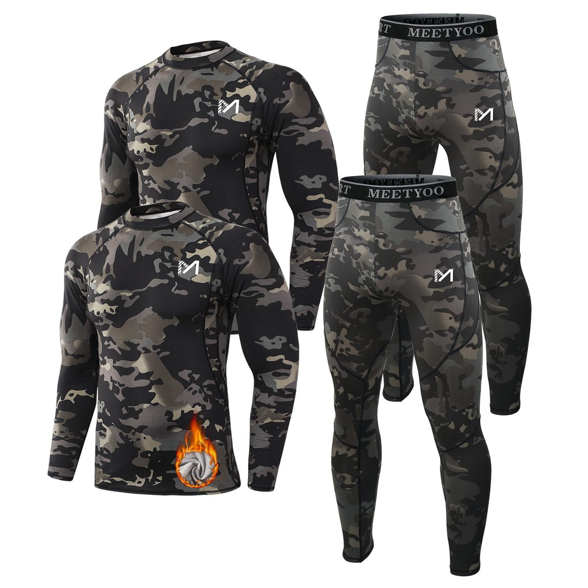 MEETYOO Thermal Underwear for Men,Men's Base Layer,2 Sets Long Johns Lined with Hunting Gear