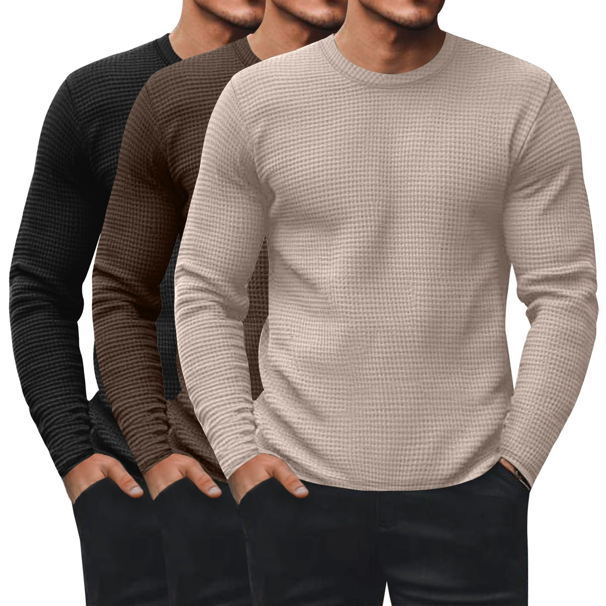 Ficerd 3 Pack Men's Waffle Thermal Long Sleeve Crew Neck Shirts