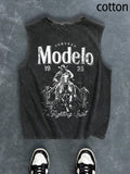 Men's Regular Fit Cartoon Cowboy & Letter Print Tank Top, Casual Comfy Breathable Sleeveless Top for Summer, Fashion Men's Clothes for Daily Wear, Socks