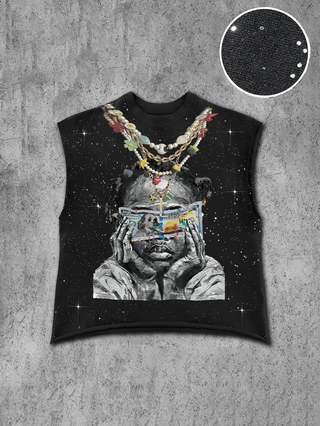 Trendy Men's Round Neck Asymmetrical Fashion Tank Top Vest with Character Graphic Print Front, Decorative Necklace Design, Letter Slogan Back, Skin-Friendly Fabric, Streetwear Style
