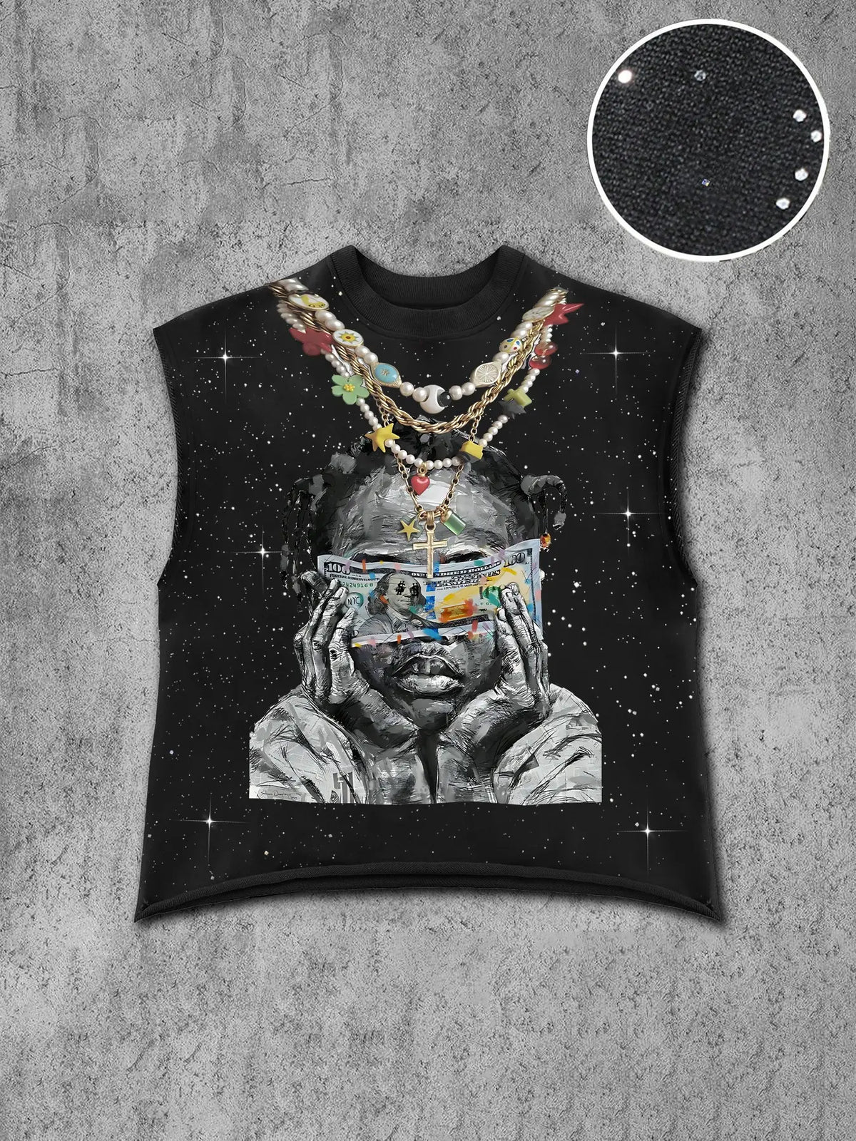 Trendy Men's Round Neck Asymmetrical Fashion Tank Top Vest with Character Graphic Print Front, Decorative Necklace Design, Letter Slogan Back, Skin-Friendly Fabric, Streetwear Style