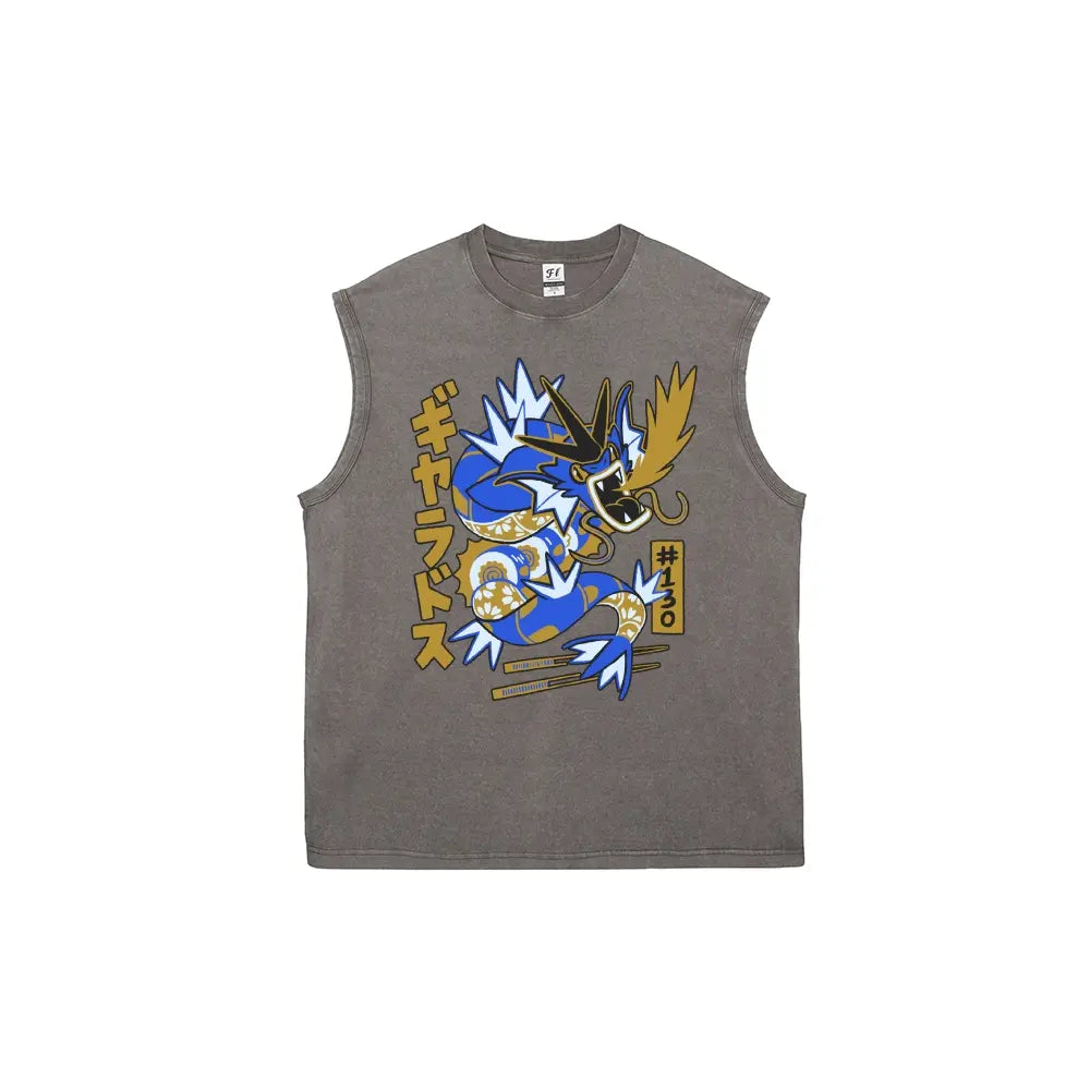 Japanese Text Blue Dragon Creature Unisex Plus Size Summer Graphic Tees Personalized Pattern Y2k Clothing Round Neck Sleeveless Washed Vests,Women's Clothing 100% Cotton, Menswear, Top, Vintage Style, Casual Oversized