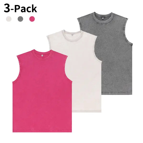 3-Pack Vintage Acid Wash Tank Tops - Heavyweight Cotton Sleeveless Streetwear T-Shirts, Unisex