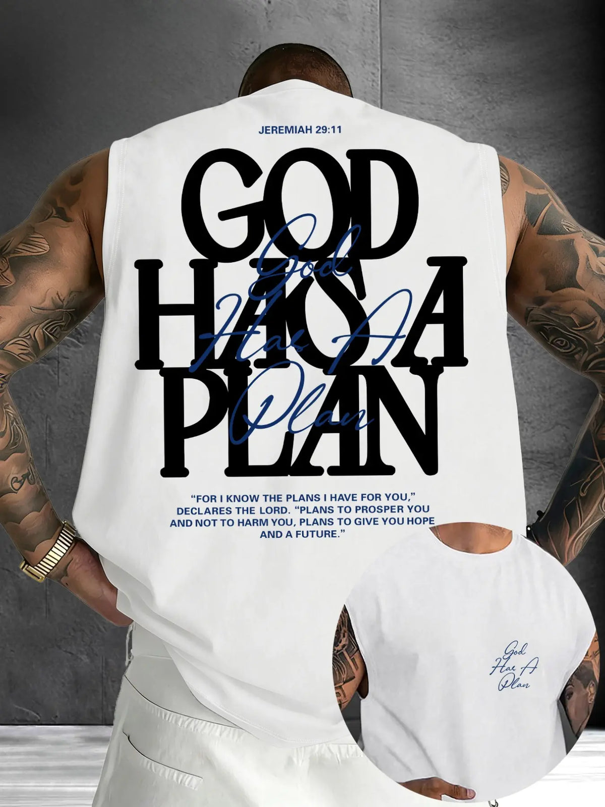 Men's "God Has A Plan" Graphic Sleeveless Shirts Print Urban Street Tank Top, Casual Christian Streetwear Vest, Faith Inspired Tee #GodHasAPlan #ChristianTankTop #FaithBasedStreetwear #ReligiousPrintTank #TikTokMadeMeBuyIt