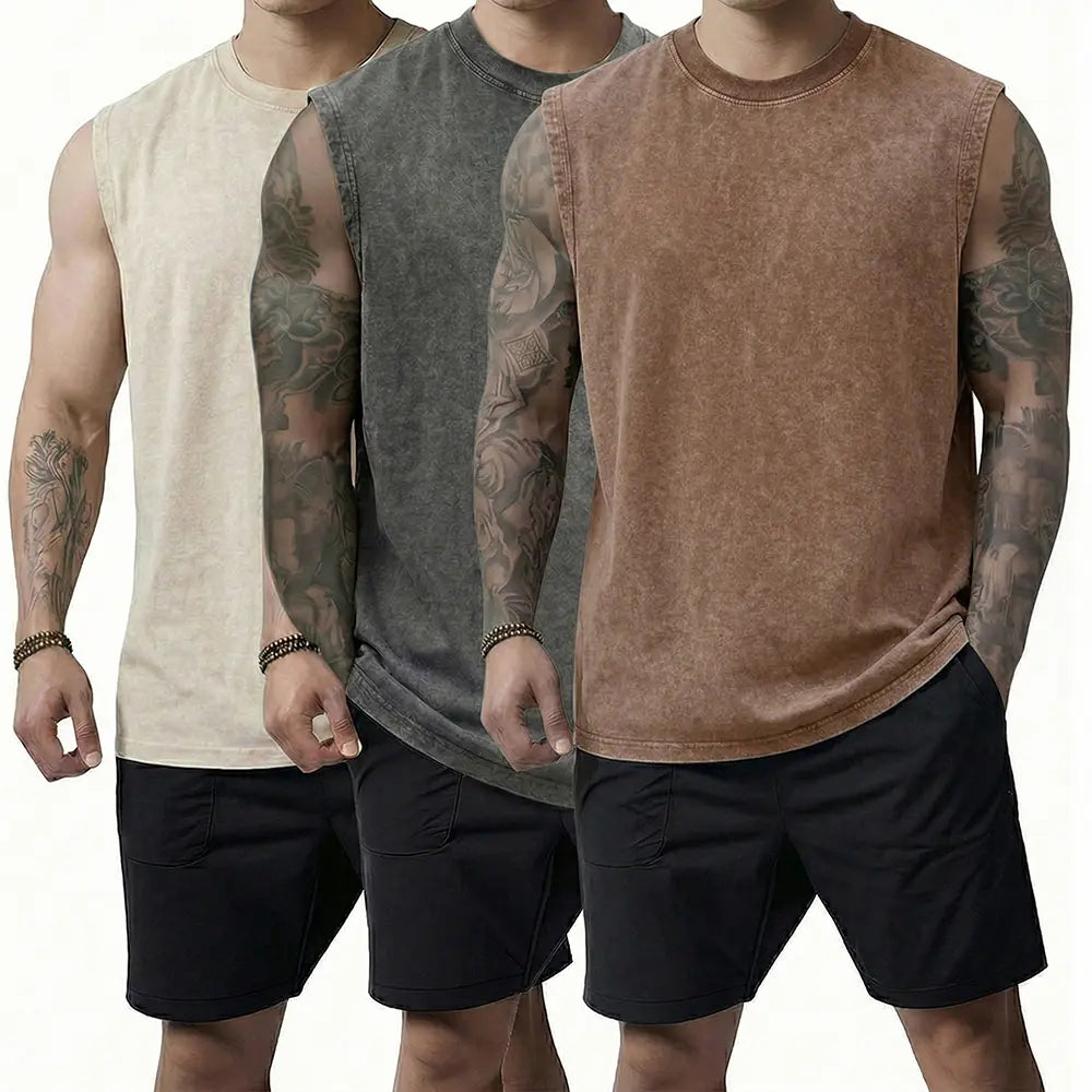 Men's 3-Pack Pure Cotton Retro Washed Baggy Casual Vests - Loose Fitting, Round Neck, Sleeveless, Sleeveless Freedom, Plain, Sporty Chic, Minimalist, Comfortable, Black+Gray+Apricot, Menswear Essentials for Workout, Outdoors