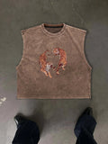 Men's Vintage Washed Animal Tiger Graphic Aesthetic Cropped Urban Street Tank Top, Sleeveless Casual Streetwear, Workout Athletic Muscle Shirt, Sporty Fitted Design, Menswear, Muscle Singlet, Vest Tops