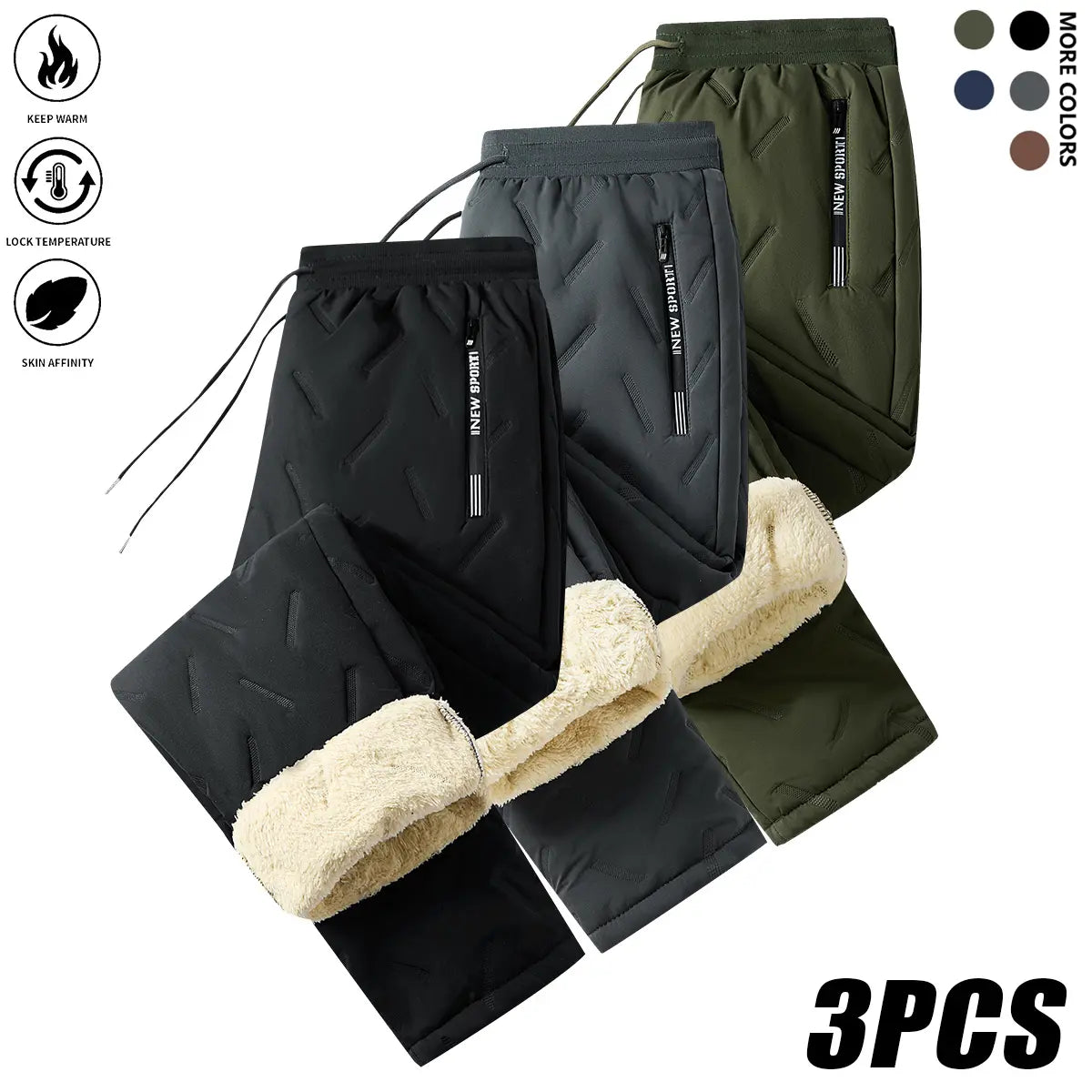Men’s 3-Pack Fleece-Lined Plain Full-Length Solid Thermal Pants - Low-Rise Elastic Waistband with Drawstring, Zippered Pockets, Machine-Washable Woven Casual Menswear for Under-Layer Warmth