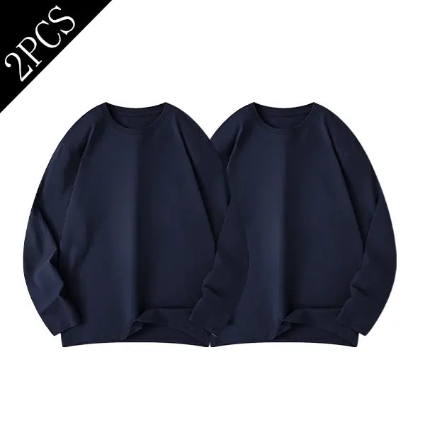 Men's Pure Cotton Soft Knit Thermal Crew Neck Long-Sleeve Shirt - Solid Plain, Warm, Casual Pull-On Pullover Top