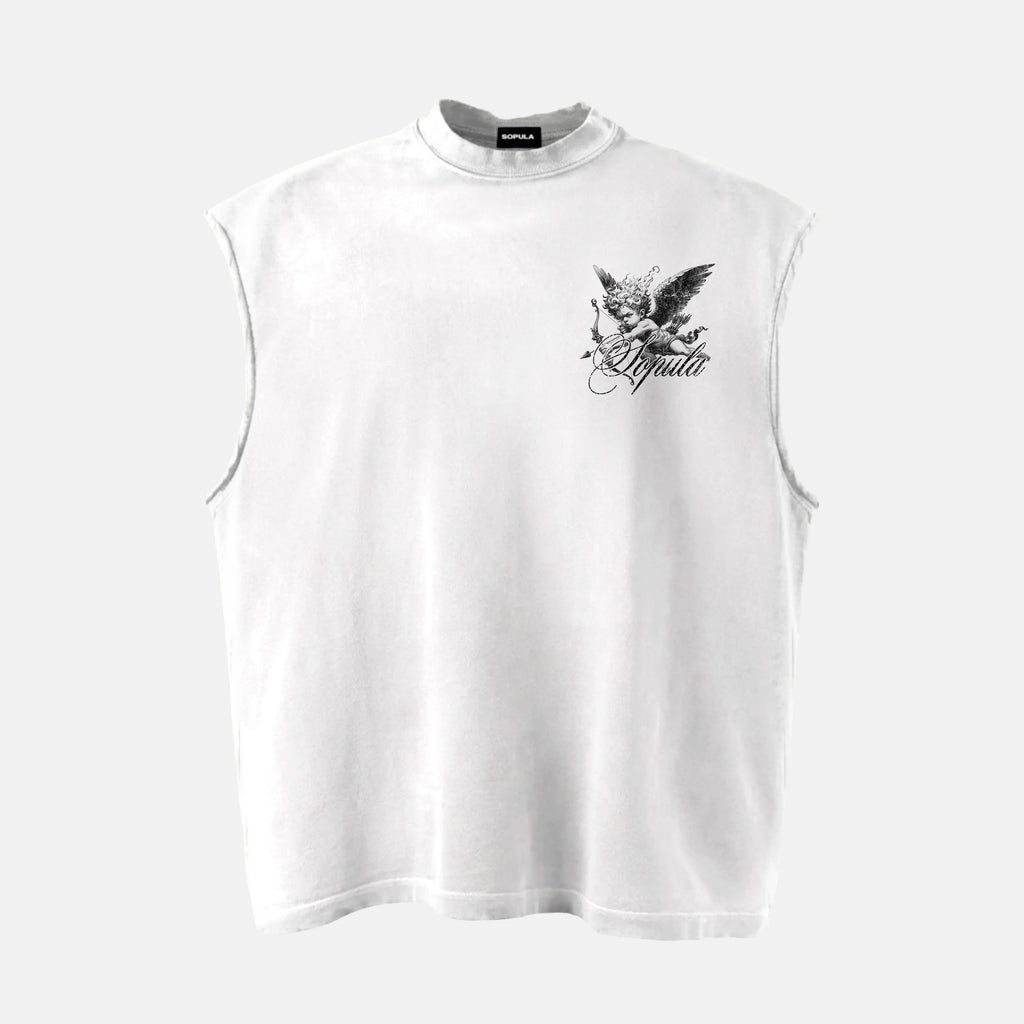 Sopula Studio Men's Casual Sleeveless Cotton Tank Top - Round Neck, Front & Back Sacra Angel Winged Warrior Graphic, Loose-Fit Vest, Breathable Fabric for Holiday, Street Wear, Party