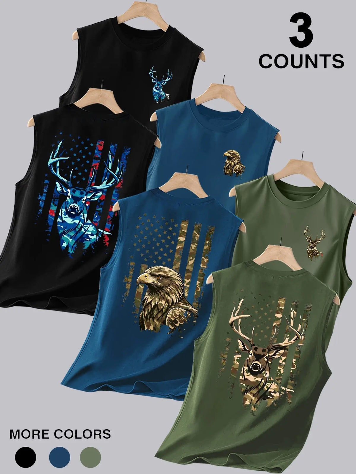 3-Pack Men's Crew Neck Sleeveless Muscle Tank Tops, Double-Sided Printed with Distressed Camo Wildlife Eagle Vintage American Flag Graphics, Ideal for Outdoor Hunting, Workout, Camping & Daily Wear