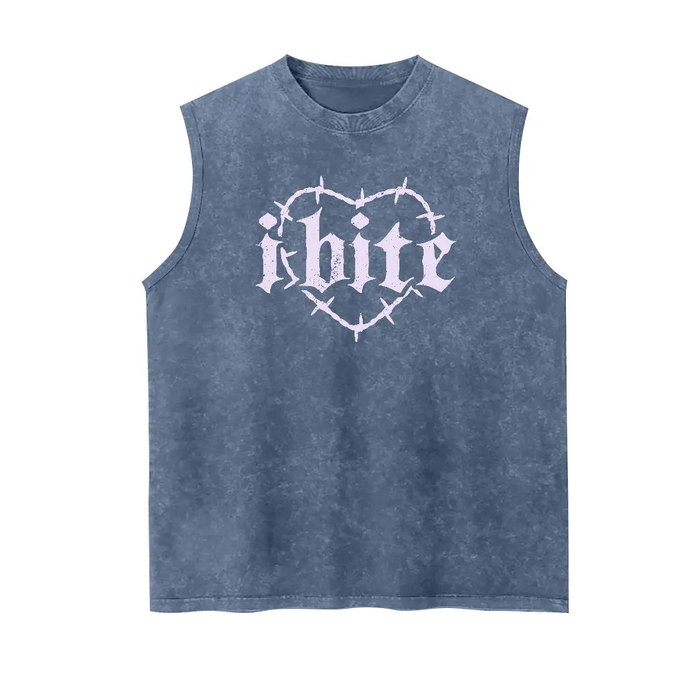 Men's "I Bite" Graphic Tank Top - 100% Cotton Vintage Washed Distressed Sleeveless Goth Streetwear, Soft Breathable Loose Fit Sarcastic Apparel, Casual Retro Alt Clothes Menswear, Tank Tops