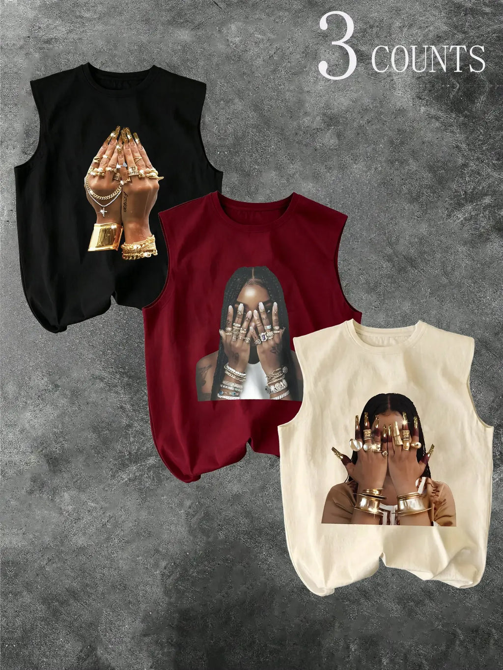 Men's Three-Piece Trendy Casual Oversized Loose Sleeveless Vest Set, Face-Wiping Woman Graphic Print, Perfect for Summer Clothes, Vacation, Friend Gatherings