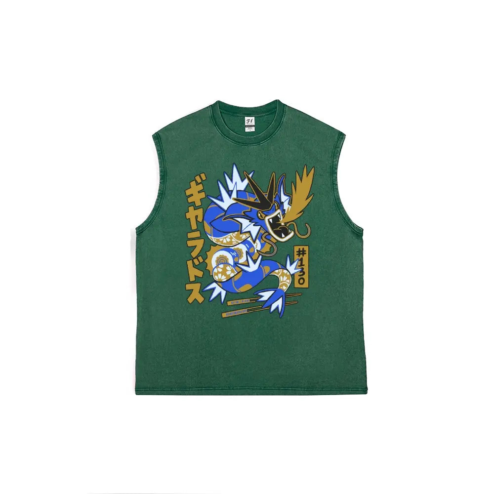 Japanese Text Blue Dragon Creature Unisex Plus Size Summer Graphic Tees Personalized Pattern Y2k Clothing Round Neck Sleeveless Washed Vests,Women's Clothing 100% Cotton, Menswear, Top, Vintage Style, Casual Oversized