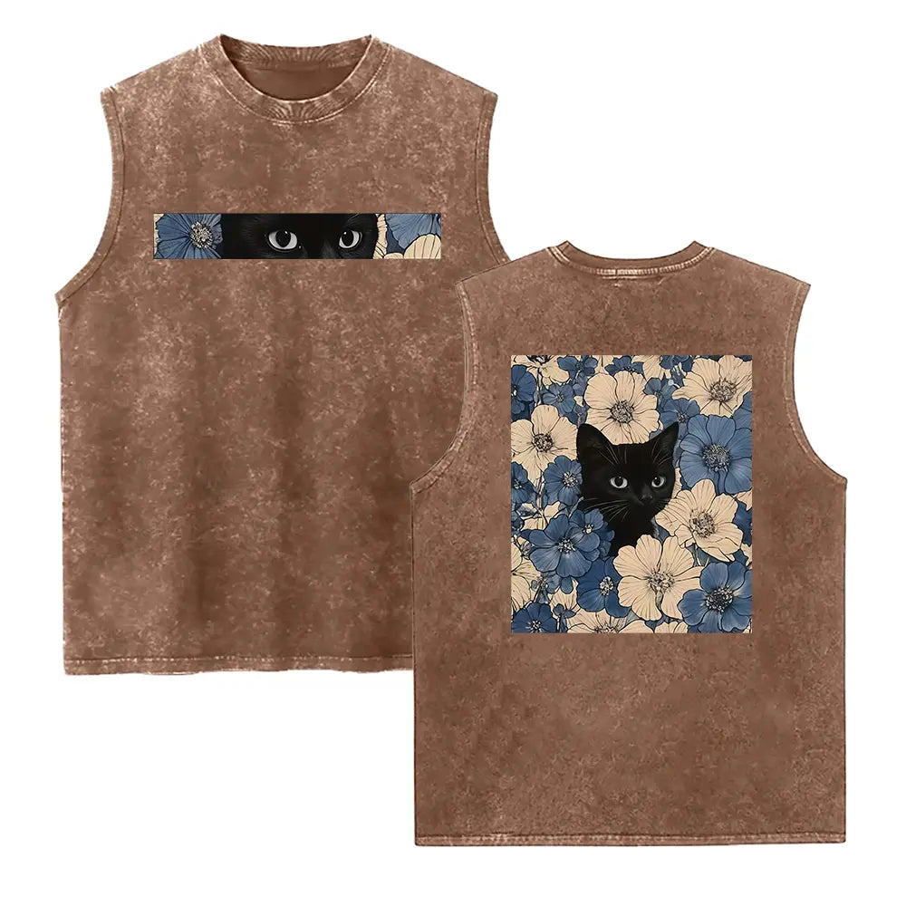 Vtage Washed Black Cat Floral Prt Washed Vest - Y2K Style, Casual Streetwear for Men & Women, Short Slee