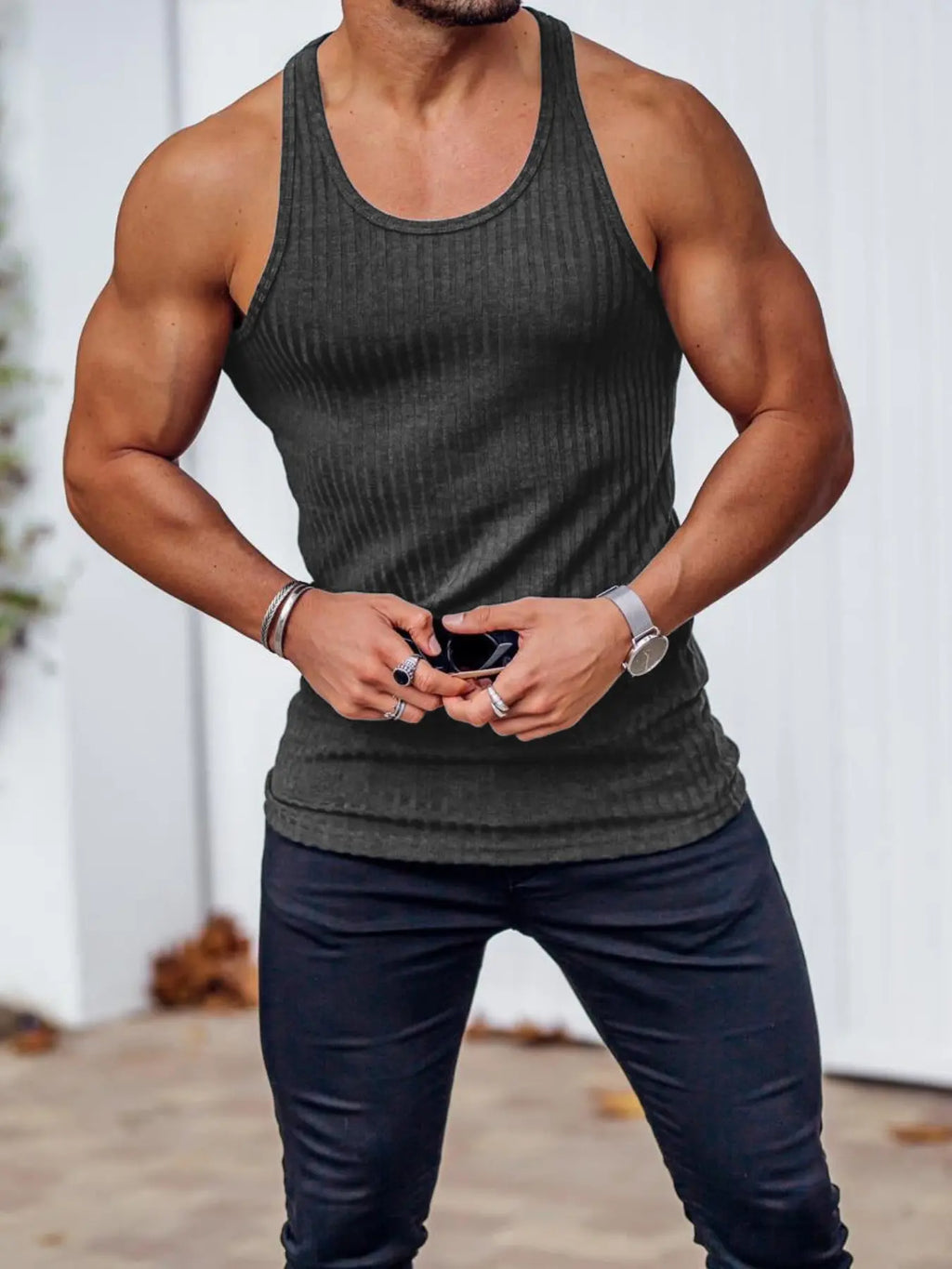 Men's Vertical Stripe Ribbed Knit Round Neck Vest, Muscle Tank Top, Sleeveless Tee, Tight Fit Casual for Summer Fitness, Ideal as an Inner Layer or Worn Alone, Striped, Knitted Vest