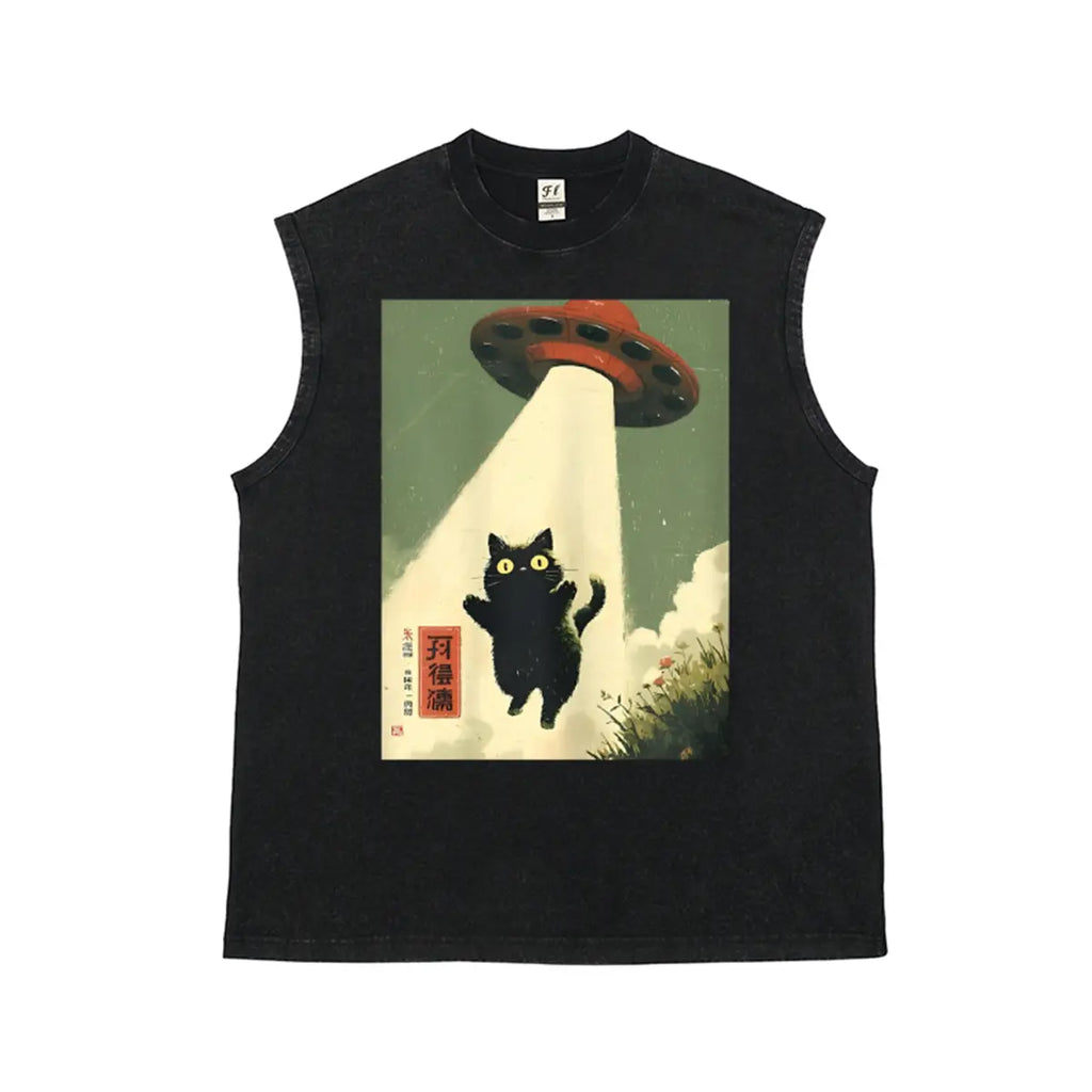 UFO Abducting Black Cat Retro Poster Style Unisex Plus Size Summer Sleeveless Vests Personalized Pattern Y2k Clothing Round Neck Washed Vests,Women's Clothing 100% Cotton, Menswear, Top, Vintage Style, Casual Oversized