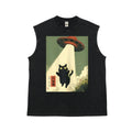 UFO Abducting Black Cat Retro Poster Style Unisex Plus Size Summer Sleeveless Vests Personalized Pattern Y2k Clothing Round Neck Washed Vests,Women's Clothing 100% Cotton, Menswear, Top, Vintage Style, Casual Oversized
