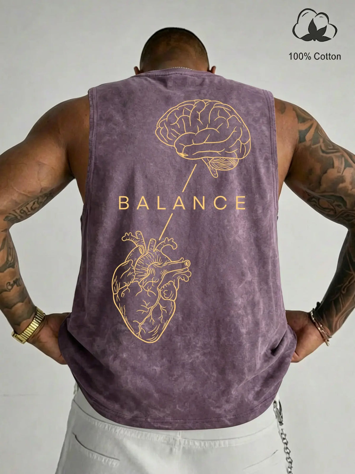 100% Cotton Vintage Wash Sleeveless Tank Top, Brain Heart Balance Minimal Line Art Back Print Loose Fit Gym Sleeveless Activewear Fitness Wear Streetwear Graphic Vest, Sleeveless Workout Vest