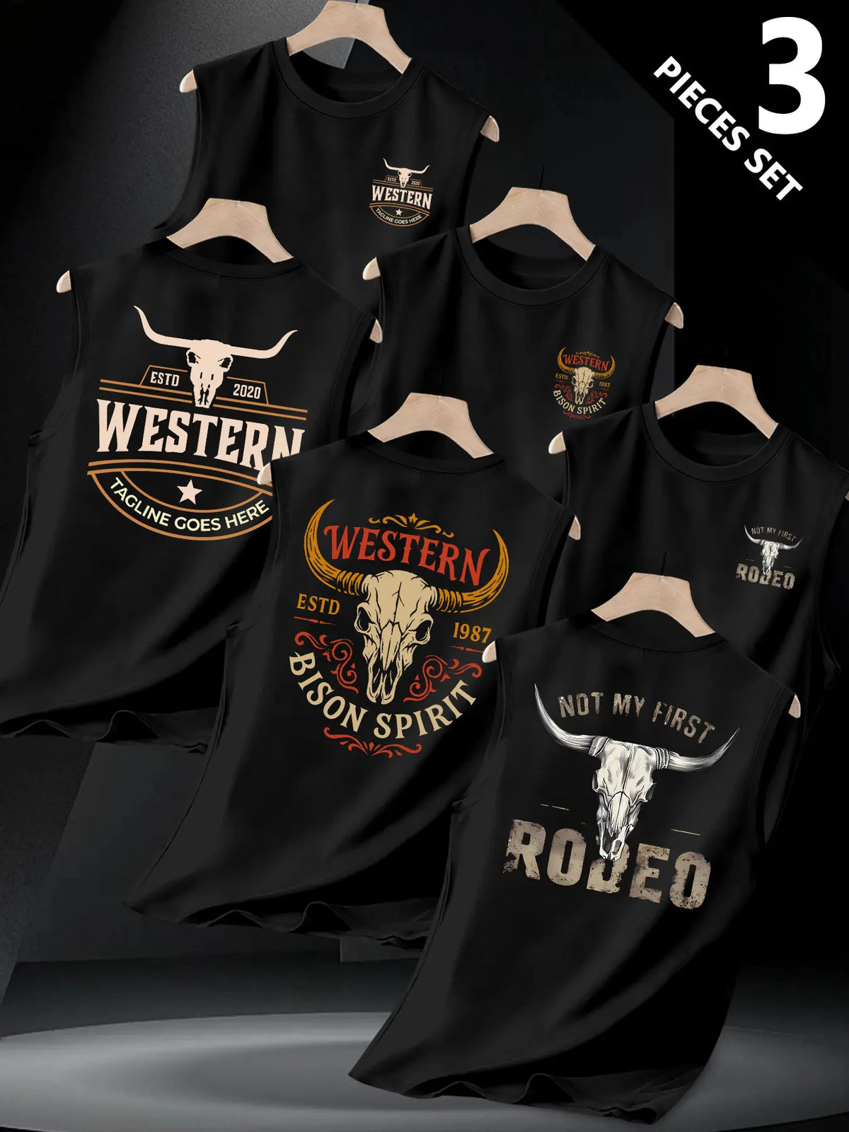 3-Pack Texas Western Cowboy Print Sleeveless Vest, Vintage Bull Head Design, Comfortable Sporty Top, Daily Wear, Unique Style, Tank Vest