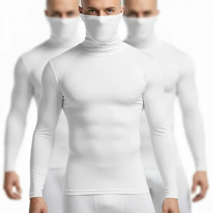 High Level HL Men's High-Neck Thermal Compression Long-Sleeve Plain T-Shirt with Face Cover Option - All-Season Athletic Fitted Activewear (Black, Grey, White, Navy)