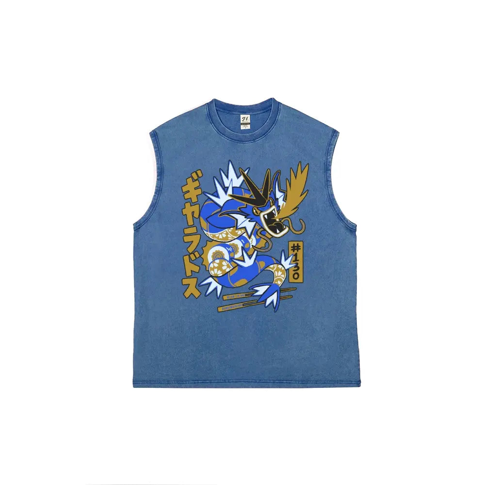 Japanese Text Blue Dragon Creature Unisex Plus Size Summer Graphic Tees Personalized Pattern Y2k Clothing Round Neck Sleeveless Washed Vests,Women's Clothing 100% Cotton, Menswear, Top, Vintage Style, Casual Oversized