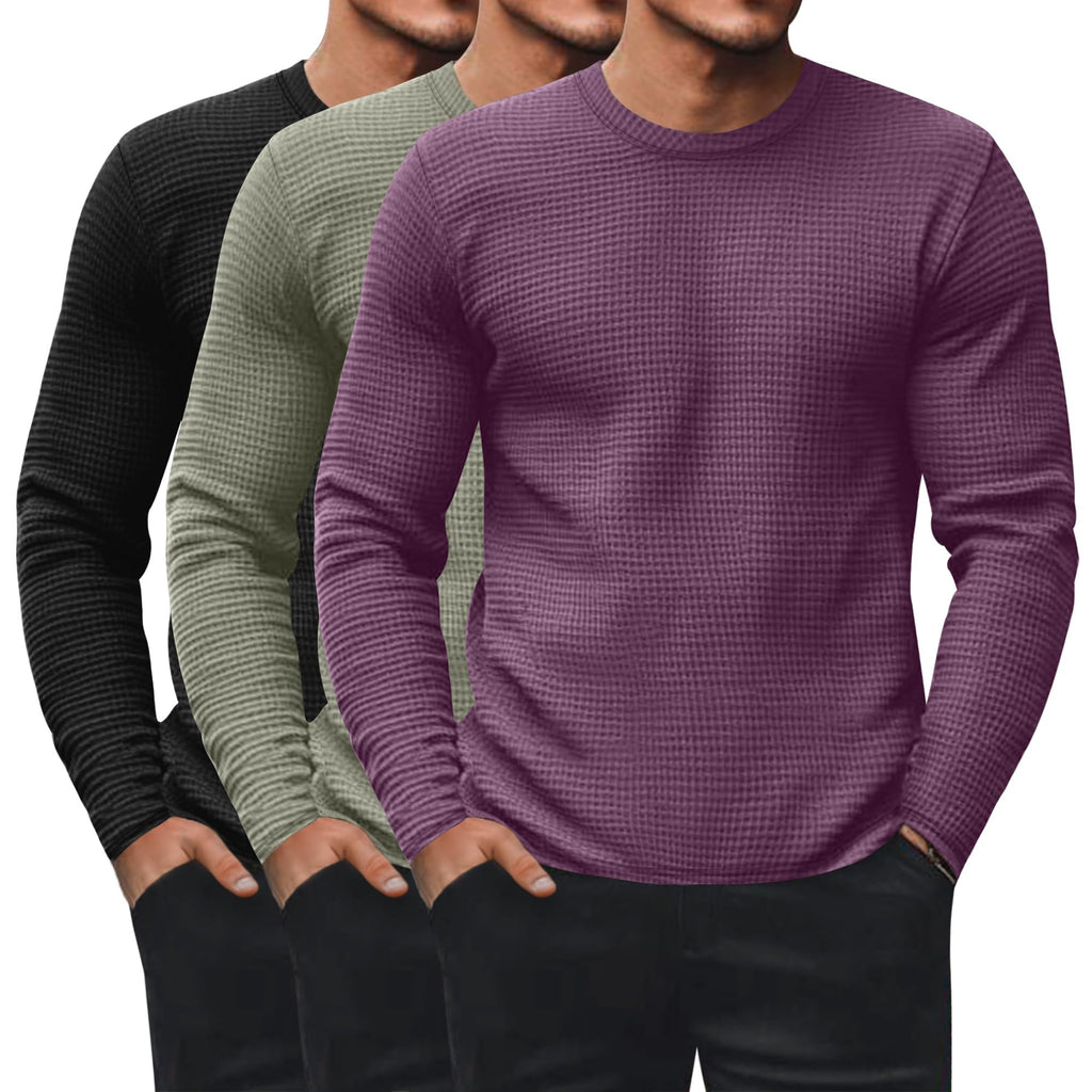Ficerd 3 Pack Men's Waffle Thermal Long Sleeve Crew Neck Shirts