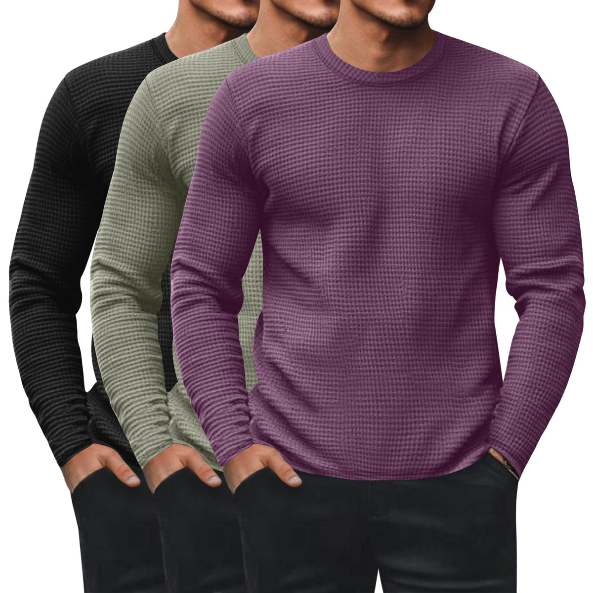 Ficerd 3 Pack Men's Waffle Thermal Long Sleeve Crew Neck Shirts