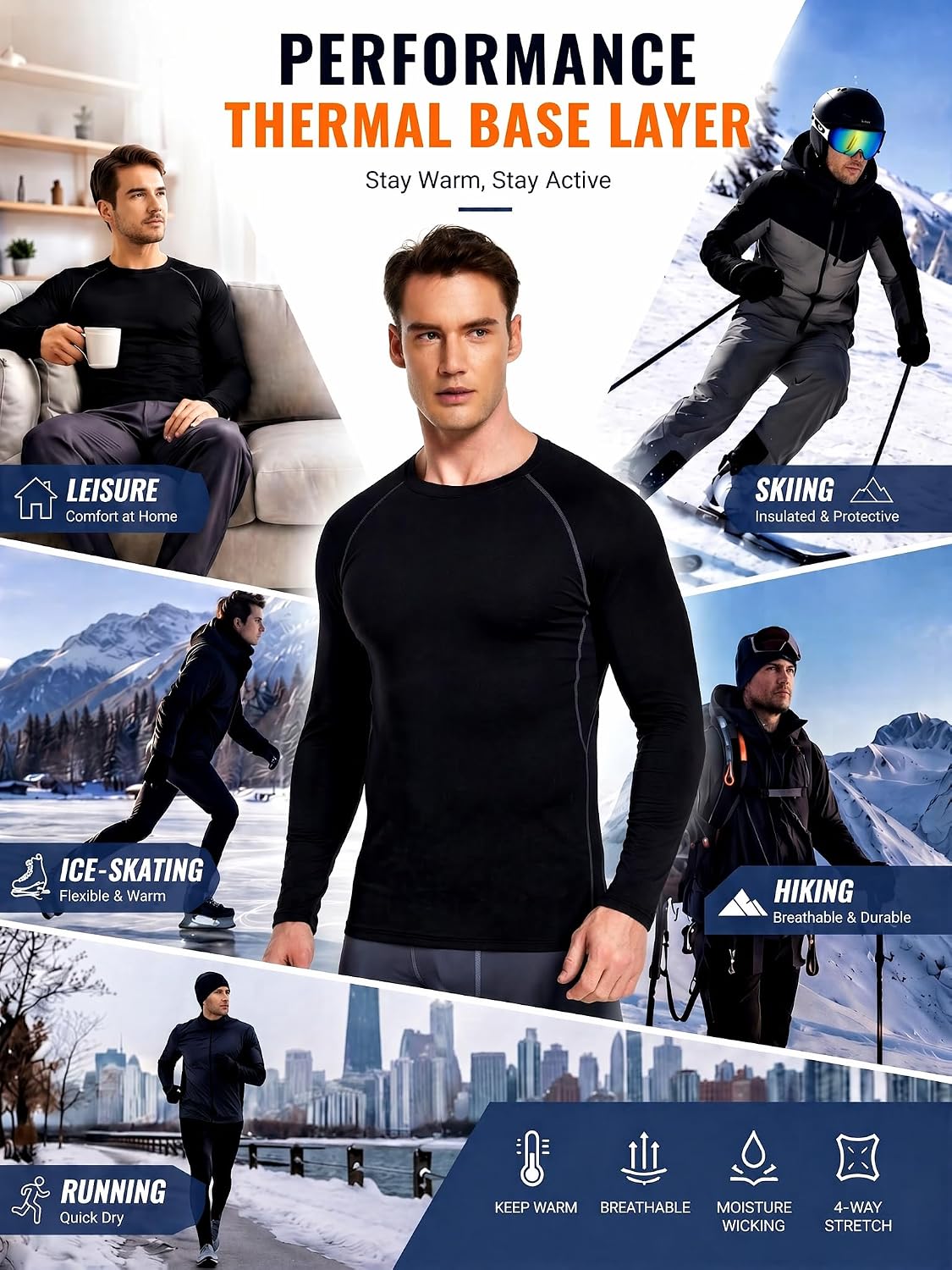 5 or 4 Pack Men's Thermal Compression Shirt Fleece Lined Long Sleeve Athletic Base Layer Cold Weather Gear Workout Top