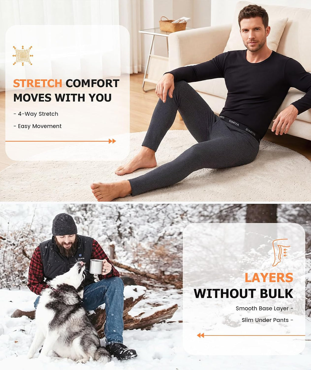 SIMIYA 2 Pack Men's Thermal Underwear Bottoms Fleece Lined Long Johns Pants