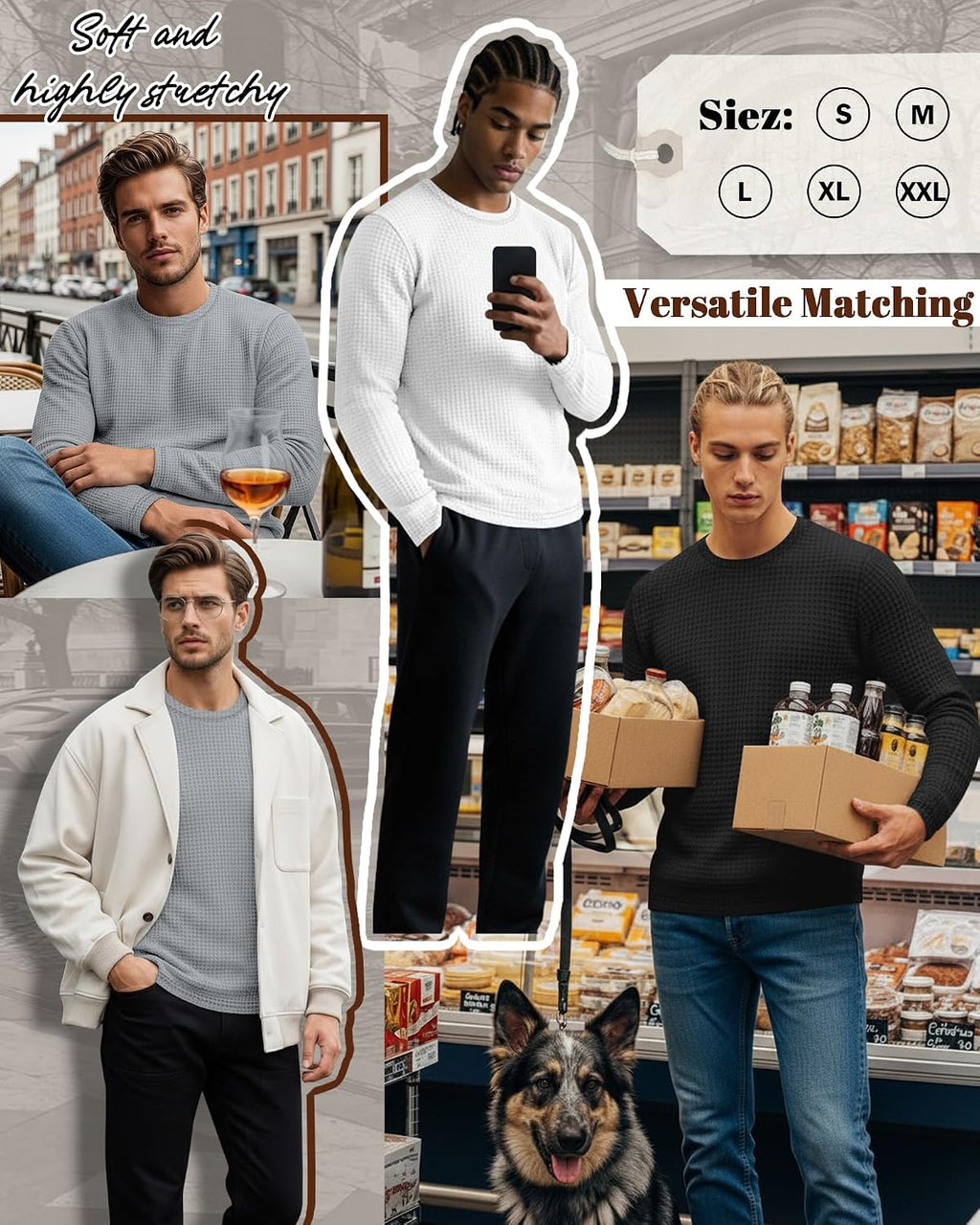 Ficerd 3 Pack Men's Waffle Thermal Long Sleeve Crew Neck Shirts