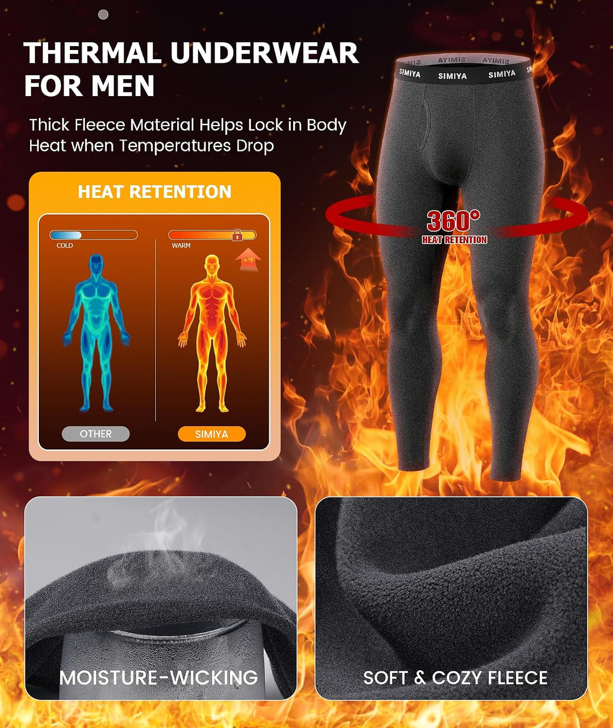 SIMIYA 2 Pack Men's Thermal Underwear Bottoms Fleece Lined Long Johns Pants