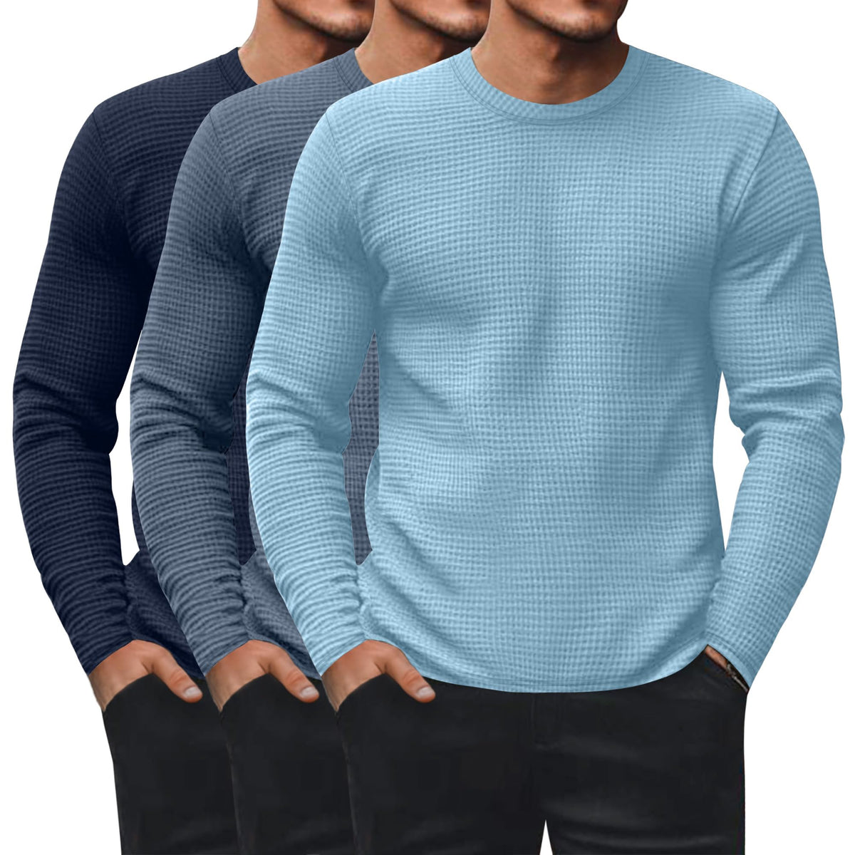 Ficerd 3 Pack Men's Waffle Thermal Long Sleeve Crew Neck Shirts