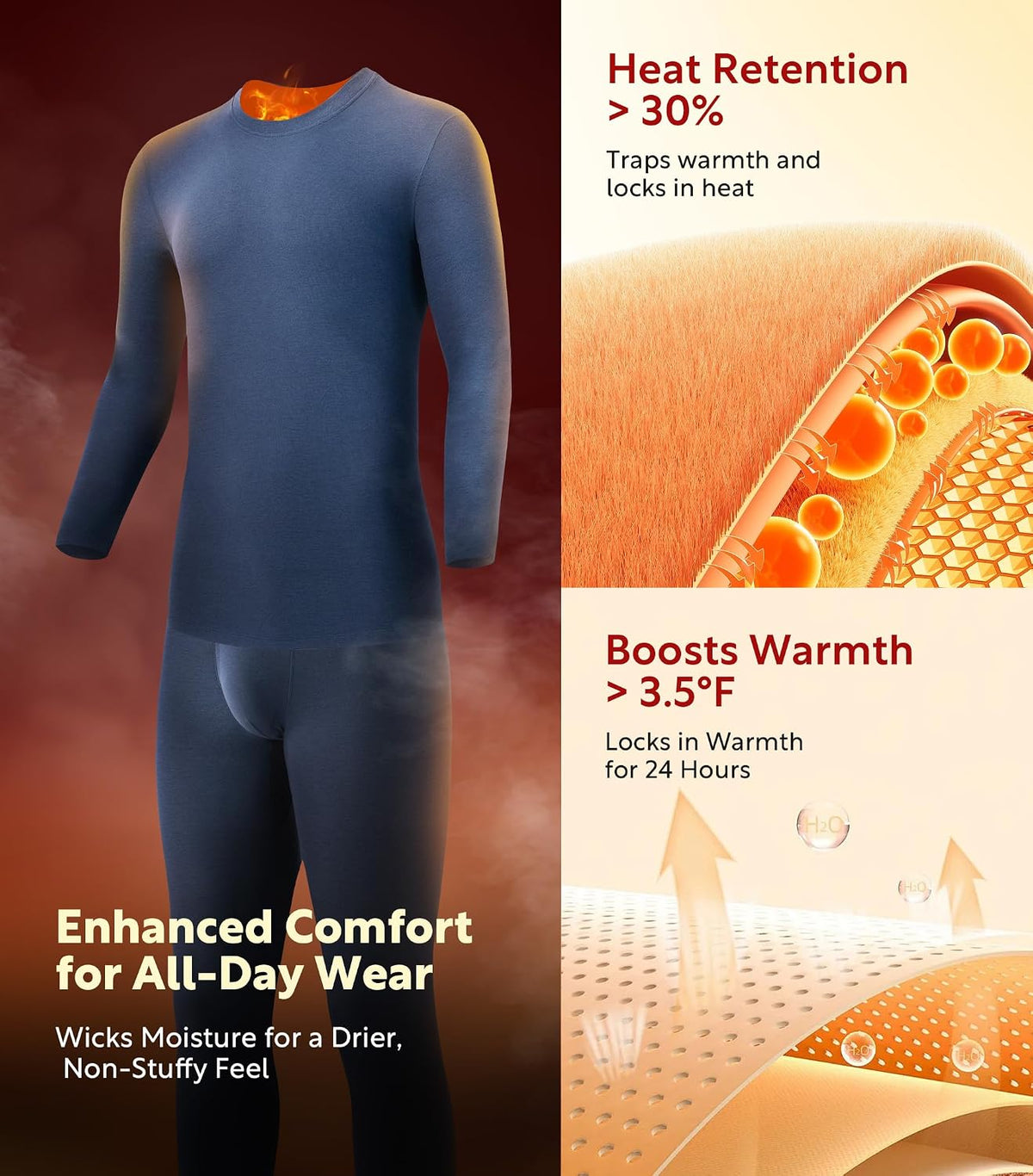 DAVID ARCHY Men’s Lightweight Thermal Underwear Set, Breathable Comfort Base Layer for Cold Weather(30–55°F)