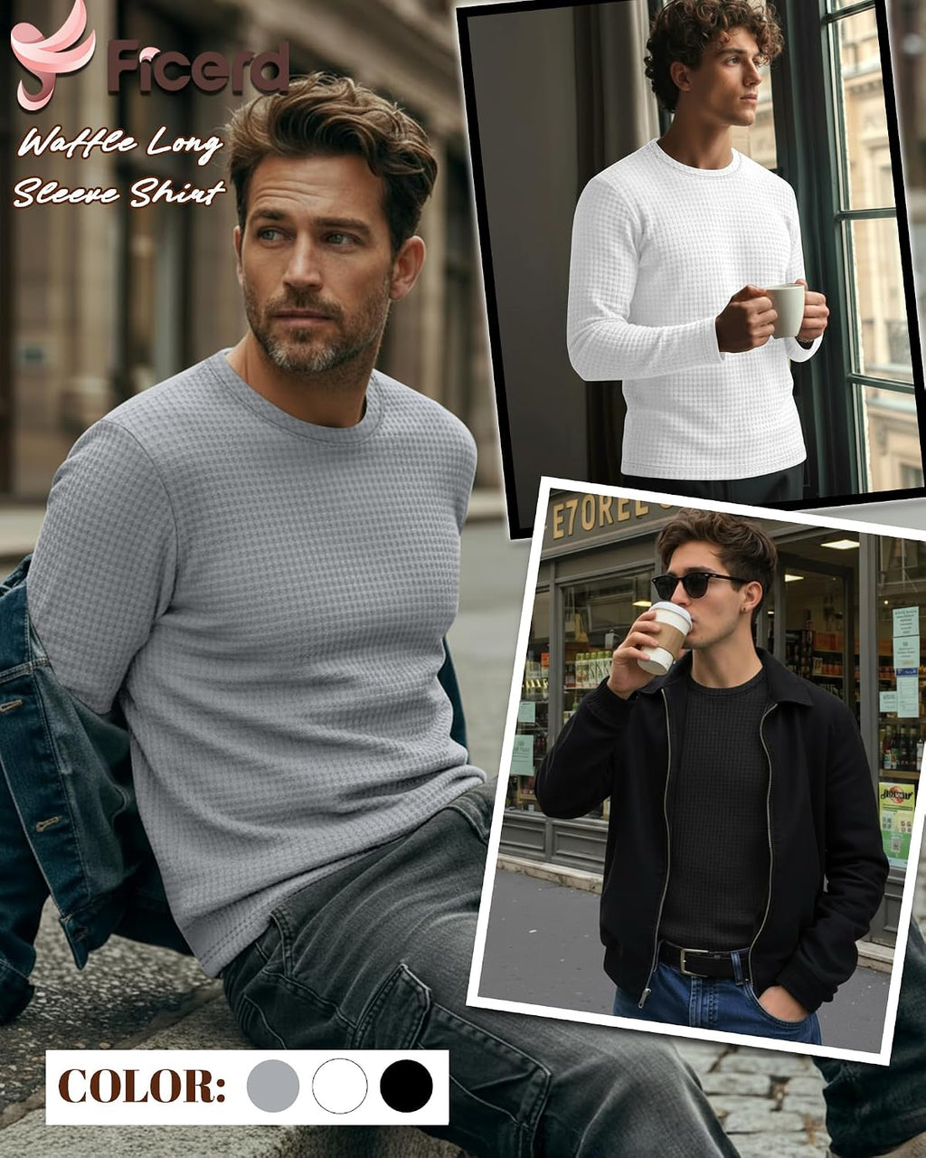Ficerd 3 Pack Men's Waffle Thermal Long Sleeve Crew Neck Shirts